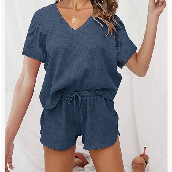 NWT Short Sleeve Waffle Pajama Set (navy blue ) - Picture 3 of 5